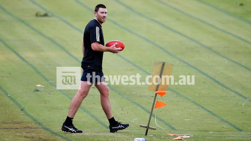 Jeremy McGovern at McGillivray Oval this morning.