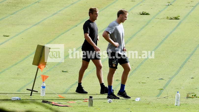 Brad Sheppard and Oscar Allen at McGillivray Oval this morning.