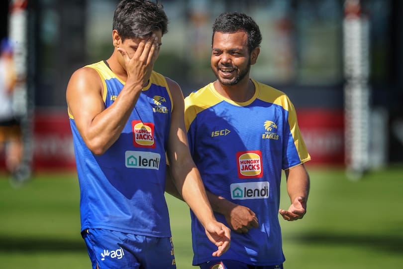 Willie Rioli has a laugh as he returns to training while under provisional drug suspension.