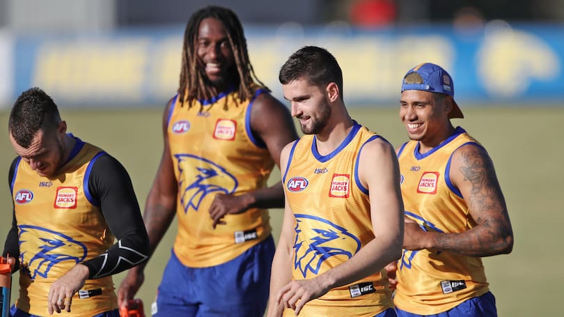 Jarrod Brander trains with teammates Luke Shuey, Nic Naitanui and Tim Kelly.