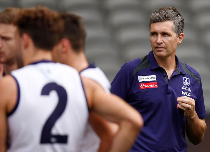 Justin Longmuir coaches his first AFL game at Fremantle.