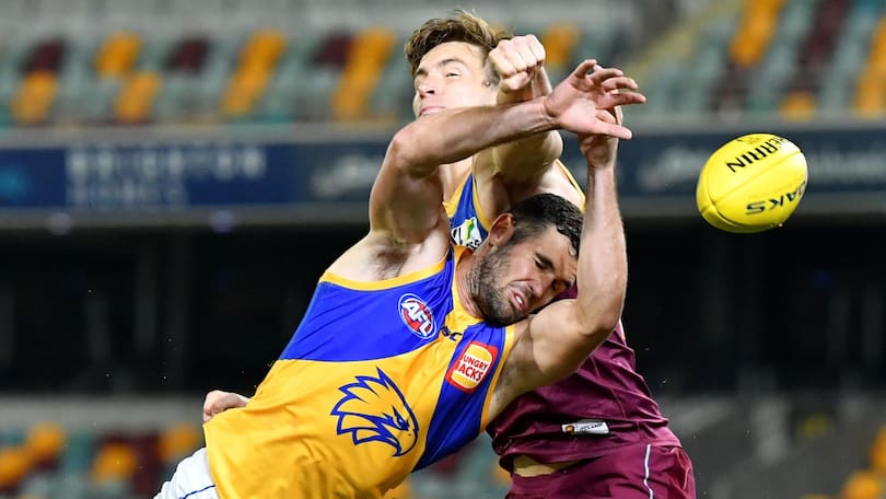 Jack Darling of the Eagles is spoiled by Harris Andrews of the Lions during the Round 3 AFL match between the Brisbane Lions and the West Coast Eagles at The Gabba.