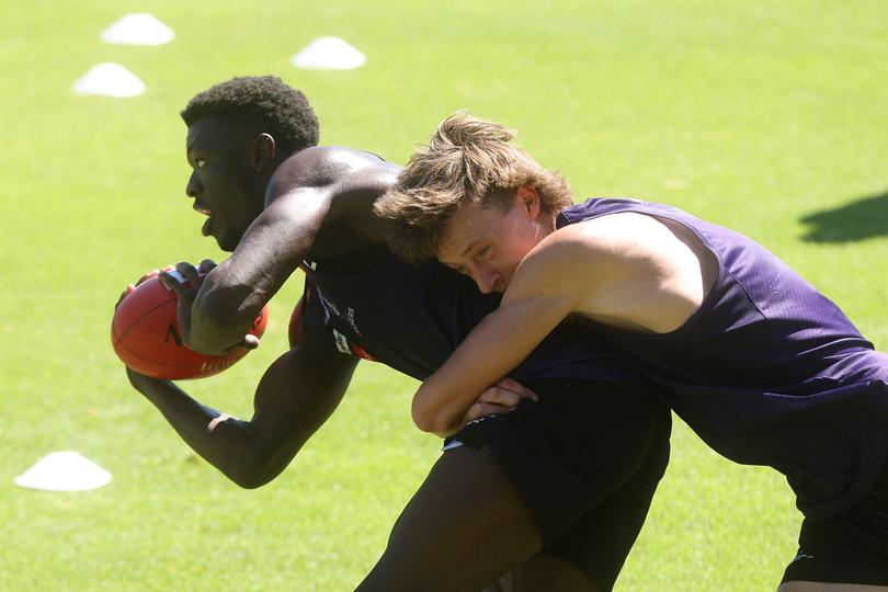 Fremantle young gun Jye Amiss impressed with his goalkicking and his tackling at training today.