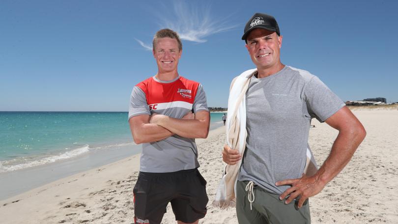 Former AFL players [PLAYERCARD]Liam Anthony[/PLAYERCARD] (North Melbourne) and [PLAYERCARD]Brett Peake[/PLAYERCARD] (Fremantle and St Kilda) are among the participants taking part in Saturdayâ€™s Rottnest Channel Swim. Daniel Wilkins