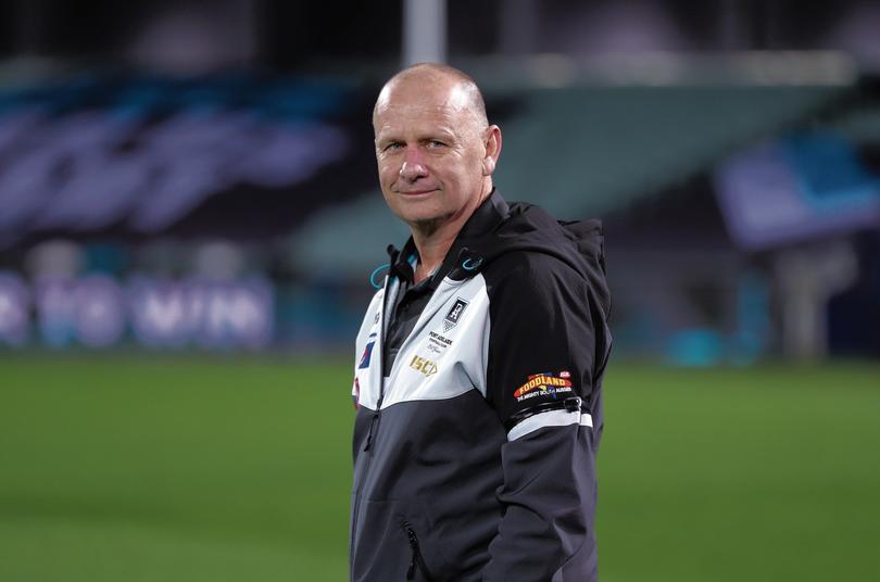 ADELAIDE, AUSTRALIA - JUNE 13: Ken Hinkley, Senior Coach of the Power after victory in the 2020 AFL Round 02 match between the Port Adelaide Power and the Adelaide Crows at Adelaide Oval on June 13, 2020 in Adelaide, Australia. (Photo by Matt Turner/AFL Photos)