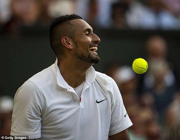 a man making a face for the ball: The 24-year-old's Wimbledon run came to an end last week after he was defeated by rival and world number two Rafael Nadal 6-3, 3-6, 7-6 (5), 7-6 (3). The evening preceding the match, Kyrgios was spotted partying at local pub Dog & Fox, where he enjoyed beverages and socialised with other patrons