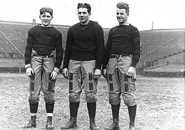 University of Pennsylvania backfield in 1916: quarterback Bert Bell (left), halfback Ben Derr (center), and fullback Joe Berry.