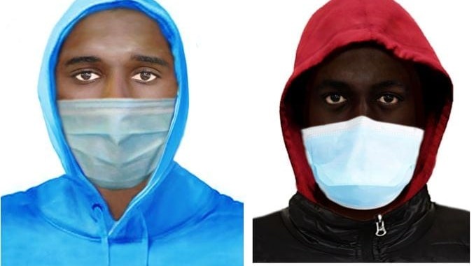 Digital images of two men in masks and hoodies.