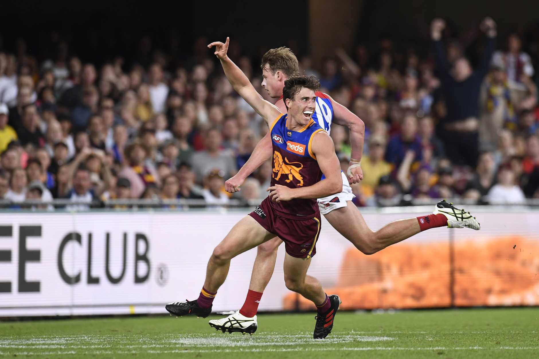 Noah Answerth celebrates kicking one of his two AFL goals.