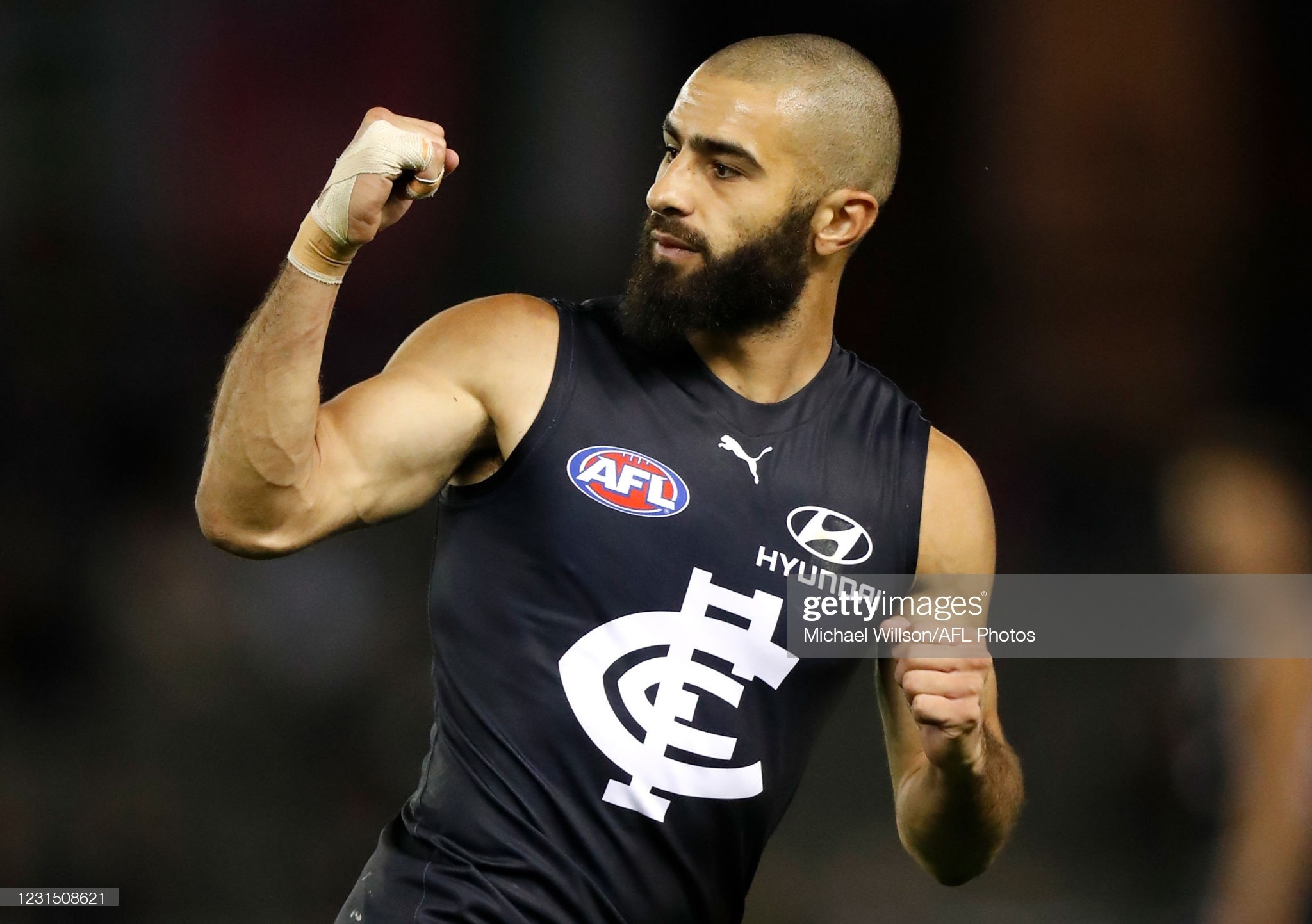 adam-saad-of-the-blues-celebrates-a-goal-during-the-2021-aami-series-picture-id1231508621