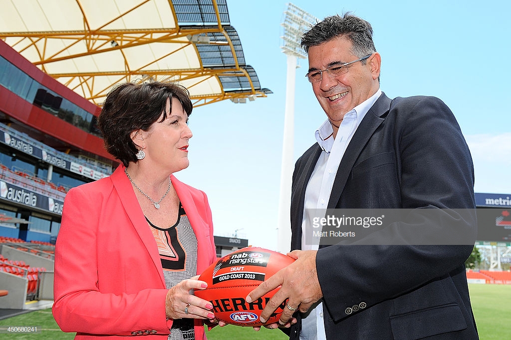 jann-stuckey-and-andrew-demetriou-pose-ahead-of-the-2013-afl-draft-at-picture-id450680241