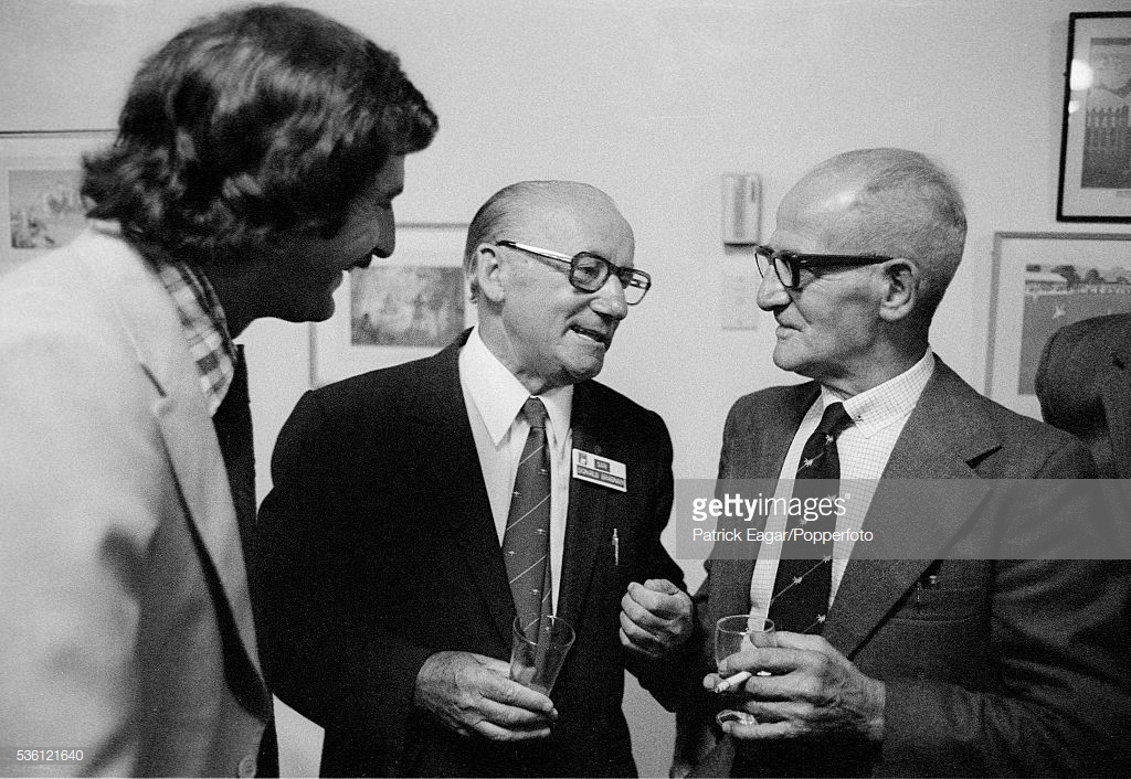 sir-donald-bradman-of-australi-talking-to-former-england-bowler-and-picture-id536121640