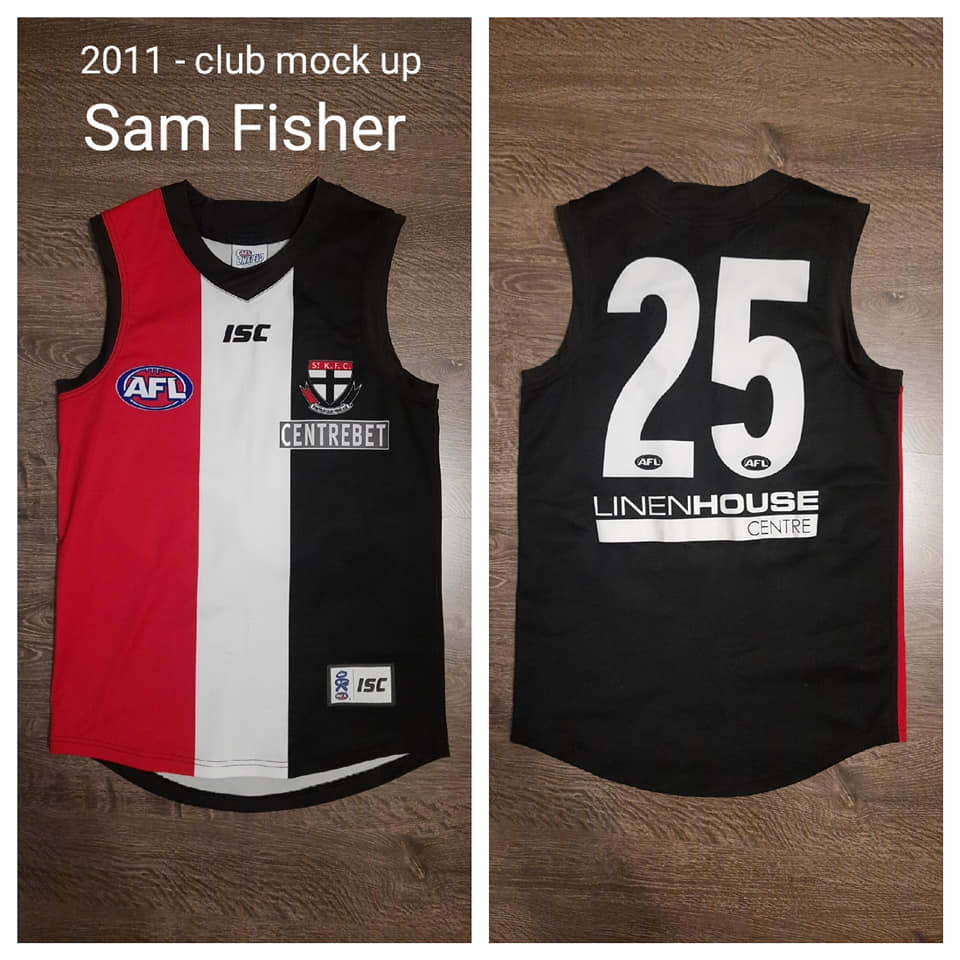May be an image of basketball jersey and text that says '2011-club mock up [PLAYERCARD]Sam Fisher[/PLAYERCARD] ISC AFL S CENTREBET 25 LINENHOUSE CENTRE ISC'