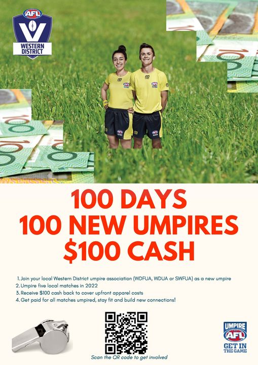 May be an image of 2 people and text that says AFD V WESTERN DISTRICT P P AFLO AFL ? 00 378 100 DAYS 100 NEW UMPIRES $100 CASH 1.Join your local Western District umpire association (WDFUA, WDUA or SWFUA) as 2.Umpire five local matches 2022 3.Receive $100 cash back cover upfront apparel costs 4 Get paid for all matches umpired, stay fit and build new connections! new umpire Scan the QR code get involved UMPIRE AFL GET IN THE GAME