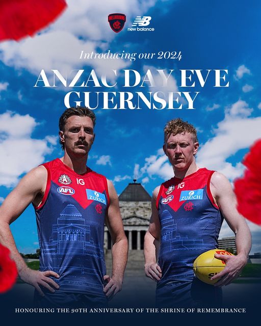 May be an image of 2 people and text that says 'MELBOURNE 啦 NB new balance Introducing our Introducingour2024 2024 ANZAC DAY ANACDAYEVE EVE GUERNSEY IG AFL ZURICH ZURION Z ขค Z ZURICH 炒 HONON RING HWWO.WTWSIWT THE9OTH rHE. 90TH ANNIVERSARY OF THE SHRINE OF REMEMBRANCE'
