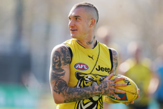 Richmond star Dustin Martin at a sunny training session on Thursday.