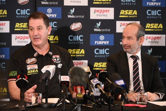 Ross Lyon with St Kilda president Andrew Bassat.