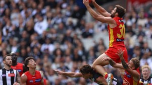 Levi Casboult flies high against the Magpies.