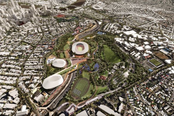 From top, Archipelago’s proposed Olympic stadium, new indoor aquatic centre (adjacent to the existing outdoor Centenary Pool) and new arena at Victoria Park. Previous renders included an athletes’ village.