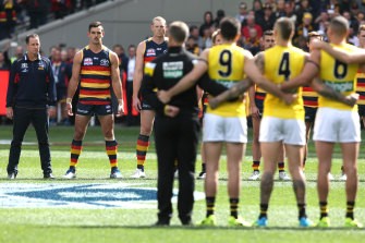 The Crows adopt the ‘power stance’ as they face off against Richmond before the 2017 Grand Final.