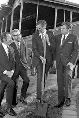 James Hird’s grandfather and then Essendon club president Allan Hird snr turns the first sod for a proposed football stand at Windy Hill in 1972.