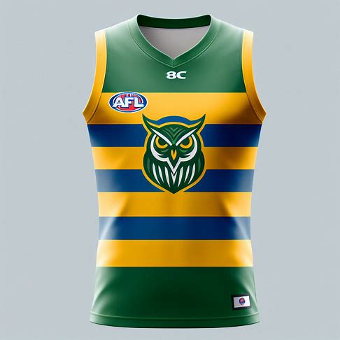 design a sleeveless AFL kit for the Canberra Owls. It is primarily green with yellow and blue horizontal stripes across the chest. Have an owl logo in the centre of the stripes.. Image 4 of 4