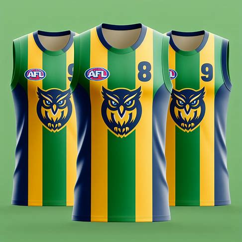 design a sleeveless AFL kit for the Canberra Owls. It is primarily green with yellow and blue horizontal stripes across the chest. Have an owl logo in the centre of the stripes.. Image 3 of 4