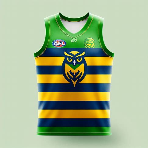 design a sleeveless AFL kit for the Canberra Owls. It is primarily green with yellow and blue horizontal stripes across the chest. Have an owl logo in the centre of the stripes.. Image 1 of 4