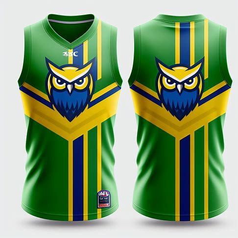 design a sleeveless AFL kit for the Canberra Owls. It is primarily green with yellow and blue horizontal stripes across the chest. Have an owl logo in the centre of the stripes.. Image 2 of 4