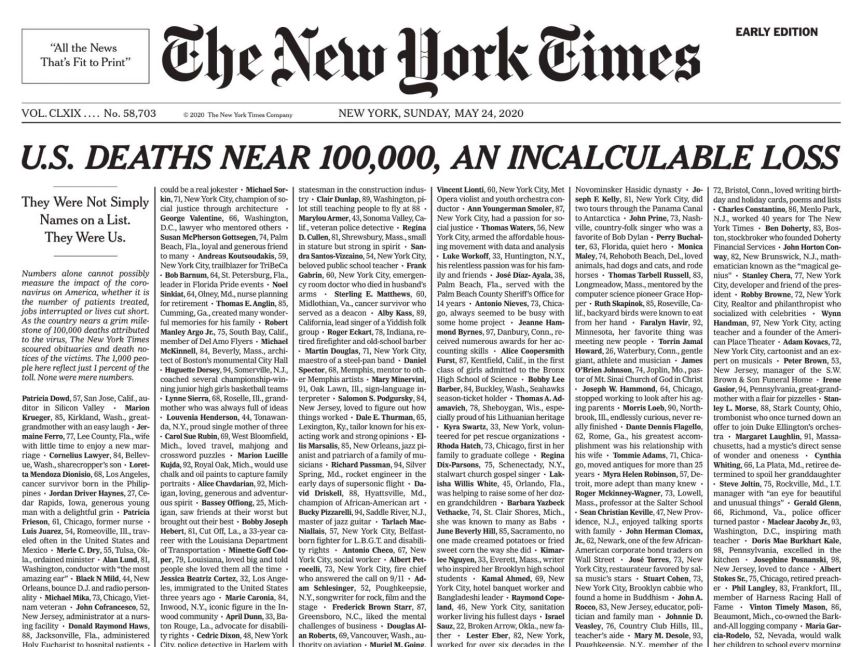 The New York Times front page listing 1,000 people killed by coronavirus.