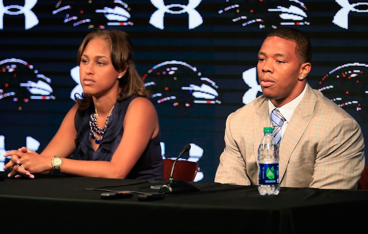 Ray Rice with his wife, Janay, at a news conference in 2014 at the Baltimore Ravens' facility.
