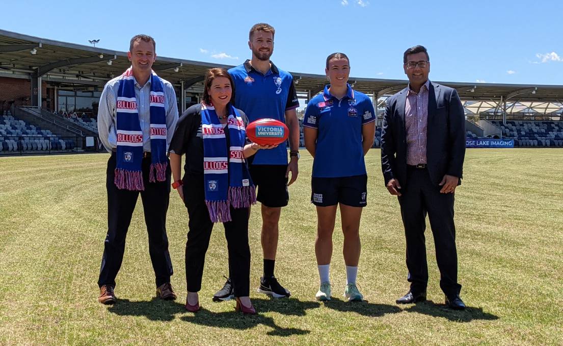 Ballarat mayor Daniel Moloney, Member for Wendouree Juliana Addison, Western Bulldogs AFL captain [PLAYERCARD]Marcus Bontempelli[/PLAYERCARD], AFLW player Bonnie Toogood and chief executive Ameet Bains at Mars Stadium.