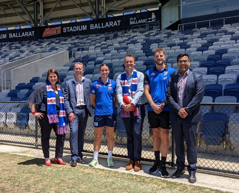 Member for Wendouree Juliana Addison, Ballarat mayor Daniel Moloney and chief executive Evan King with Western Bulldogs AFL captain [PLAYERCARD]Marcus Bontempelli[/PLAYERCARD], AFLW player Bonnie Toogood and chief executive Ameet Bains at Mars Stadium in November.