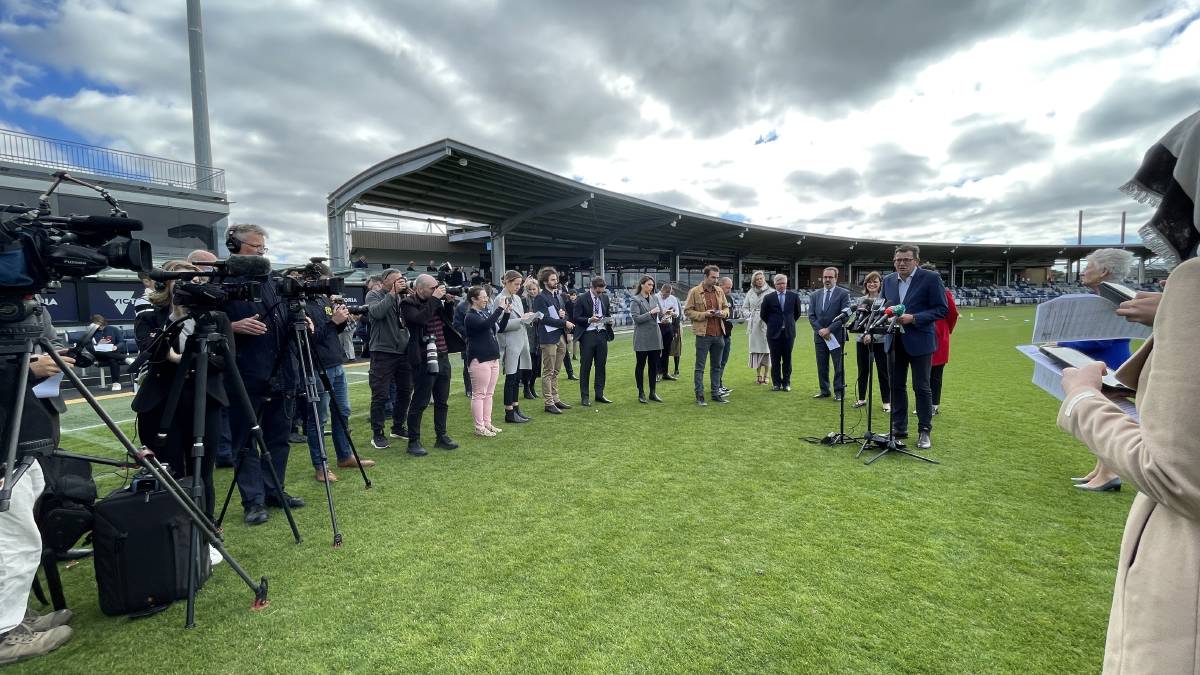 Premier Daniel Andrews making the announcement at Mars Stadium on Tuesday morning. 