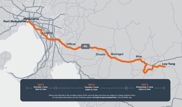 map showing superload route - Port Melbourne to Loy Yang during 1 - 4 June 20202